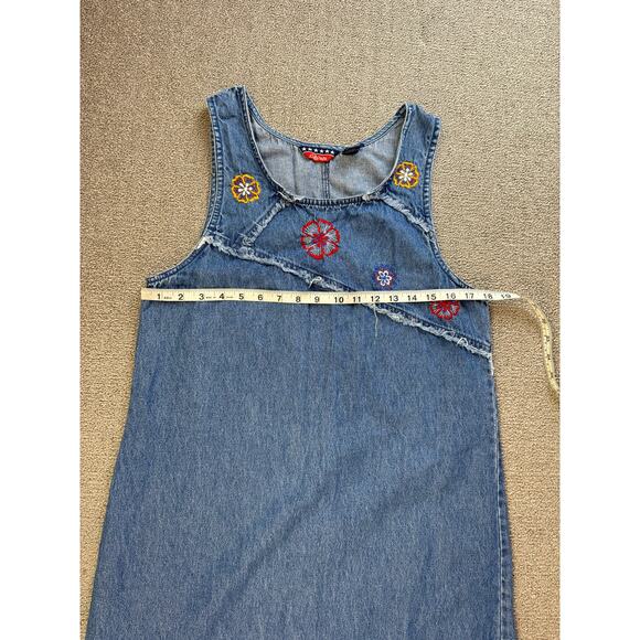 Vintage Asazy Denim Jumper Dress Embroidered Floral Midi Size Medium Petite - Picture 6 of 7